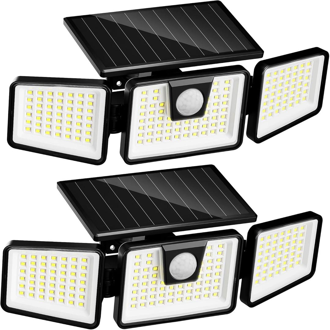 INCX Solar Lights Outdoor Waterproof, 3000 LM 156 LED Motion Sensor Outdoor Lights, 3 Heads Solar Powered Security Flood Light Motion Detected Spotlight for Patio Garage Yard Entryways, 2 Pack Black, 2 Pcs