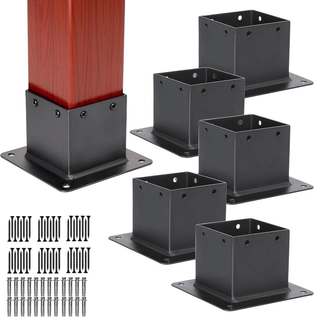 Zlinke 6 PCS Metal 44 Post Base,Inner Size 3.5"x3.5" Post Base Brackets Heavy Duty Powder-Coated Post Anchor Matte Black Wood Post Brackets (Black 6pcs)