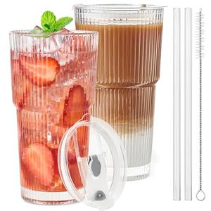 TUZAZO 20 Oz Glass Tumblers with Lids and Straws - 1Pack Ribbed Glass Iced Coffee Cup with Straw and Lid, Thicken Glasses, Ideal for Smoothieds, Cocktails, and Juices