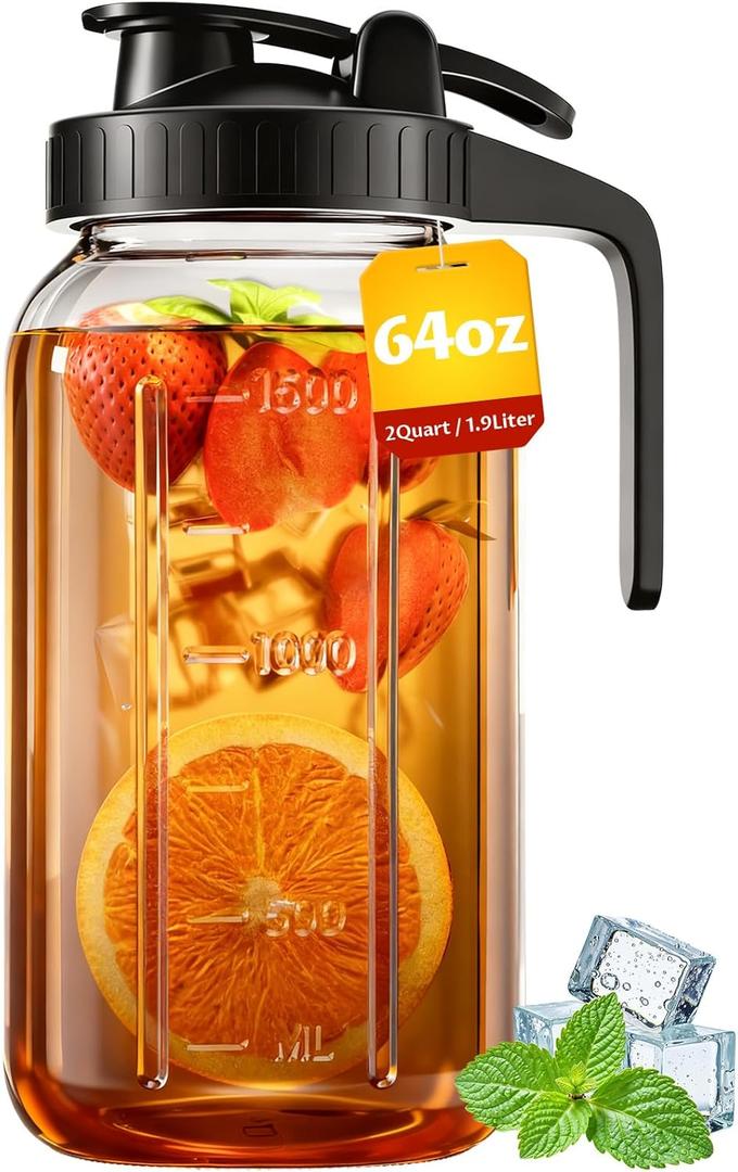 64 oz Mason Jar Pitcher Airtight & Leakproof Glass Pitcher with Lid, Perfect for Iced Tae, Sun Tea, Cold Brew, Breastmilk, 2 Quart (1/2 Gallon) Mason Jar with Pour Spout Lid Flip-Cap & Handle