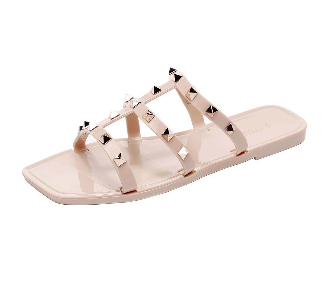 OMGard Womens Studded Sandals Jelly Shoes Ladies Flat, Beige Woman Summer Beach Jellies Slides with Rivets Dressy Cute Slippers Comfortable Slip On, 40