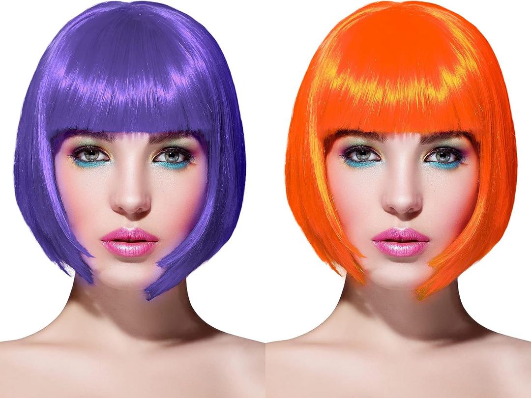WILLBOND 2 Pieces Short Bob Hair Wigs Colorful Cosplay Costume Wig Party Hairpiece for Women Girls Daily (Orange, Purple)