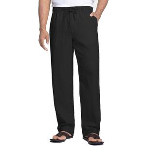 COOFANDY Men's Linen Pants Casual Beach Summer Pant Elastic Waist Drawstring Lightweight Trousers (Large, Black)