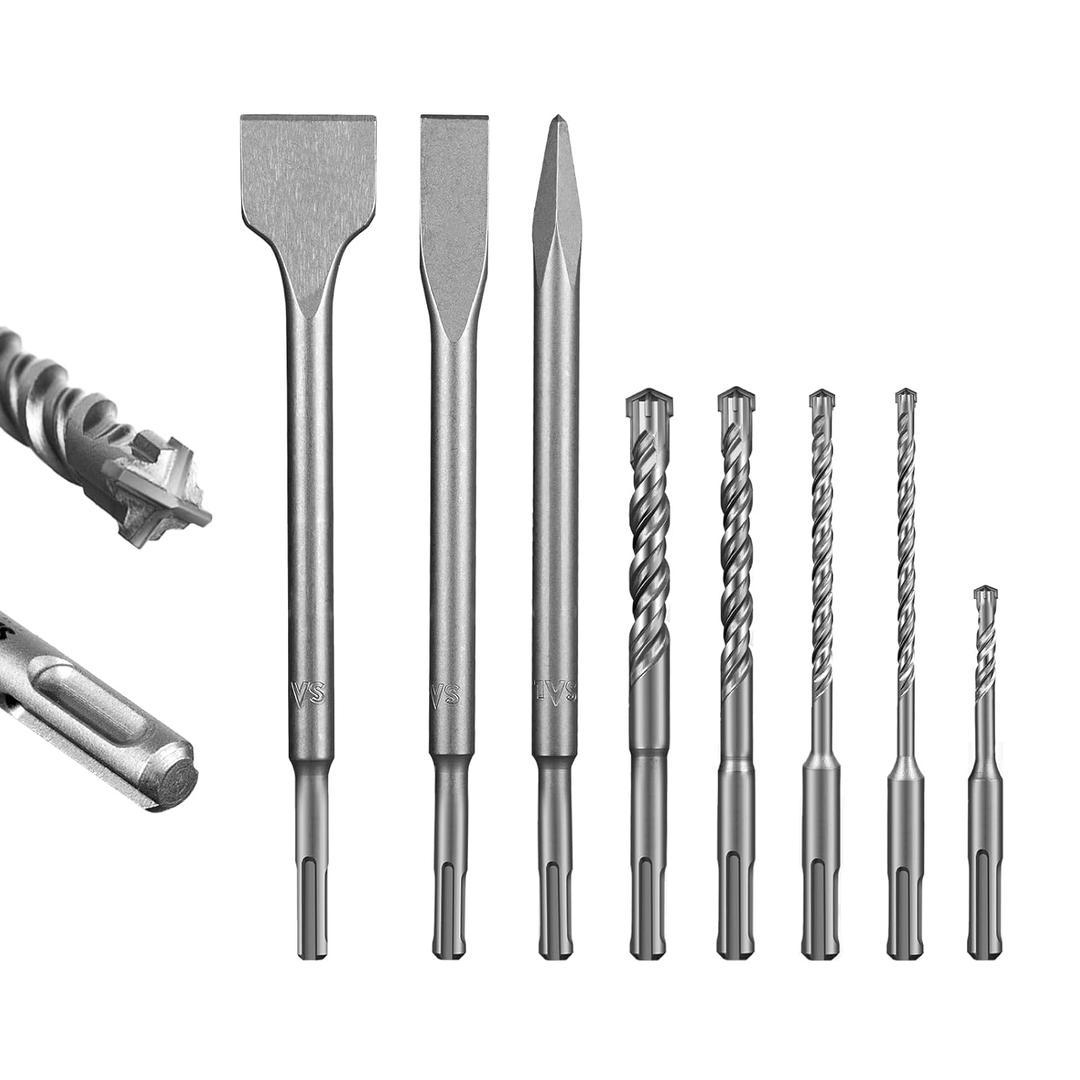 SALI 8PCS SDS Plus Rotary Hammer Drill Bit Set - Concrete Drill Bit Kit - Cross Type Double Thread Carbide Material - Suitable for Concrete, Hammer Drill Bits