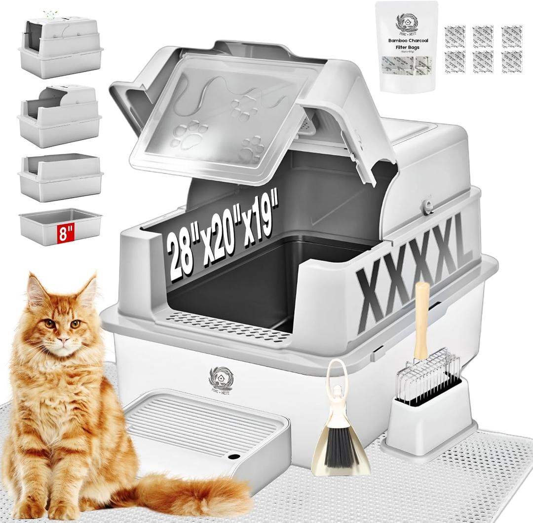 XXXXL Jumbo Stainless Steel Litter Box with Lid for Maine Coon, 28" L x 20" W x 19" H Extra Large Stainless Steel Cat Litter Box for Big Cat and Multi-Cats Families,Non-Sticky, Anti-Leakage