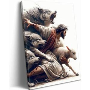 MALEDO Jesus and Lamb Canvas Wall Art Jesus Saves the Lost Sheep Christian Picture Wall Decor Shepherd Protect a Lamb from Wolves Painting Poster Print Artwork for Living Room Bedroom Church Decor (24L''x16W'')