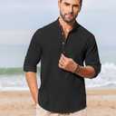 COOFANDY Men's Casual Henley Shirts Long Sleeve Band Collar Lightweight Beach Shirts Summer T-Shirts (Black, XL)
