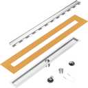 24 inch Linear Shower Drain with Tile Insert Grate Cover, Brushed 304 Stainless Steel Bonding Flange Linear Drain, Low Profile Linear Shower Drain with Hair Strainer