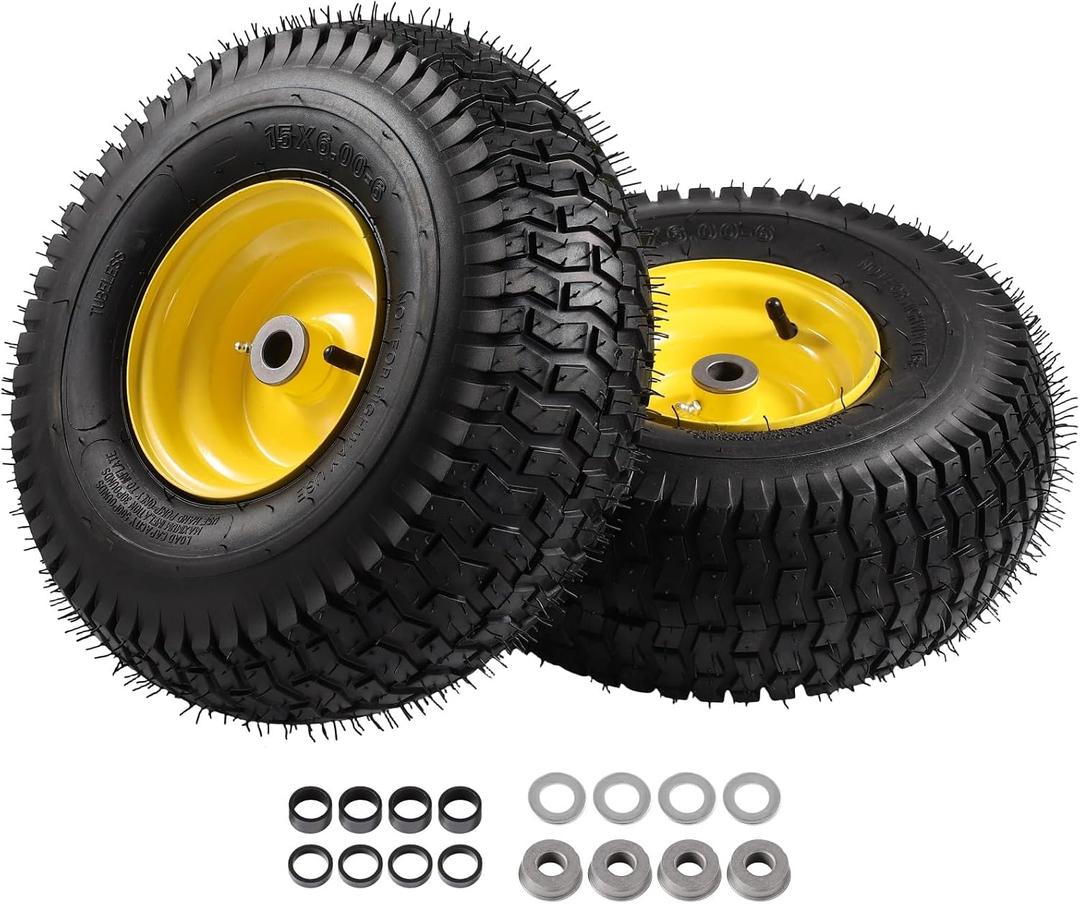 ACEBRI 15x6.00-6 Lawn Mower Tire and Wheel Front Tire and Wheel Assembly Compatible with John Deere Craftsman Husqvarna Riding Mowers Lawn Tractors, 3-3.8" Centered Hub, 3/4" Bearings, 2PCS