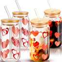 Suclain 4 Pcs Valentines Day Glass Cups with Bamboo Lids and Straws Beer Can Drinking Glasses Set Decorative Heart Iced Coffee Cup Tumbler Clear Drinking Jars Gift for Valentines Day (16 oz) (16 oz)