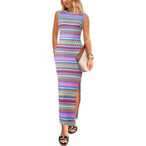 PRETTYGARDEN Womens Maxi Tank Spring Dress Sleeveless Crew Neck Striped Side Slit Casual Long Bodycon Dresses (Blue, L)