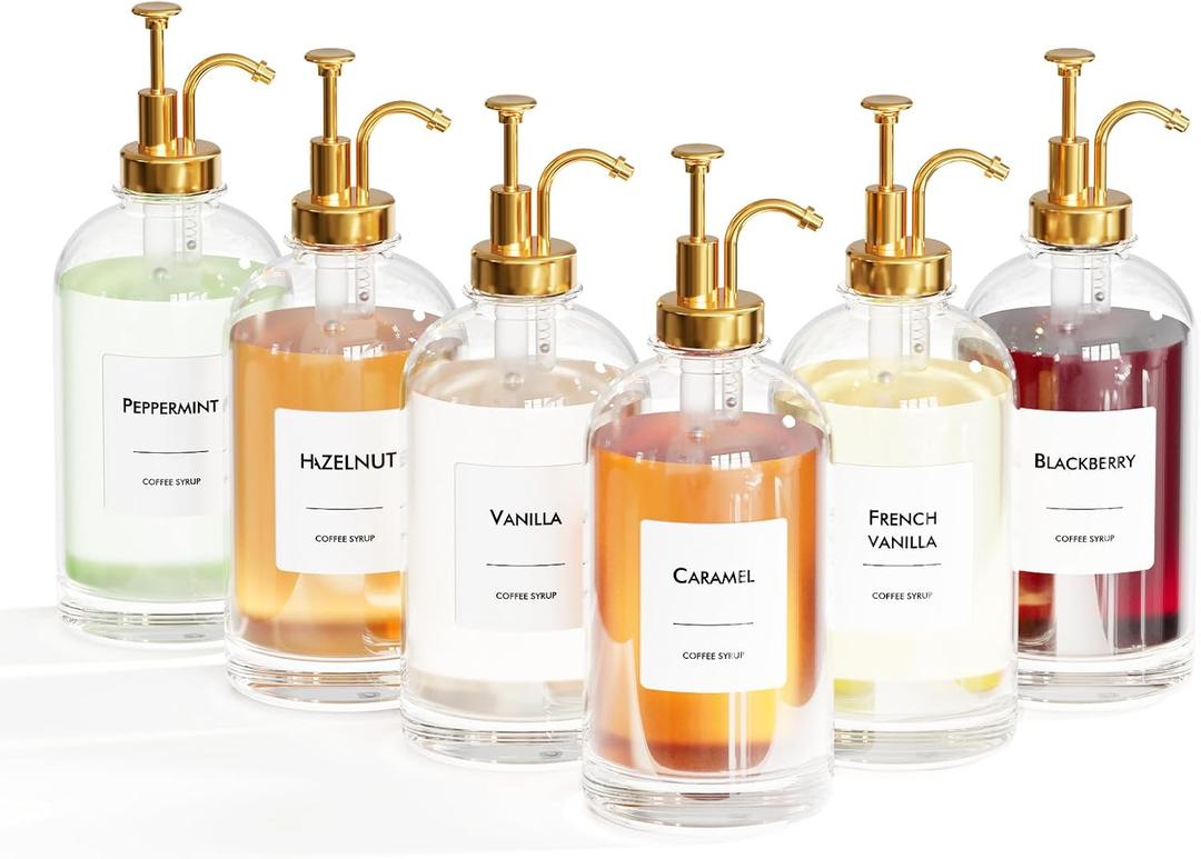 16.9 oz/500 ml Coffee Syrup Dispenser Set - 6 Glass Bottles with Gold Pumper and Syrup Labels - Precise Dispensing and Stylish Addition to Coffee Shop, Cafe or Home Bar