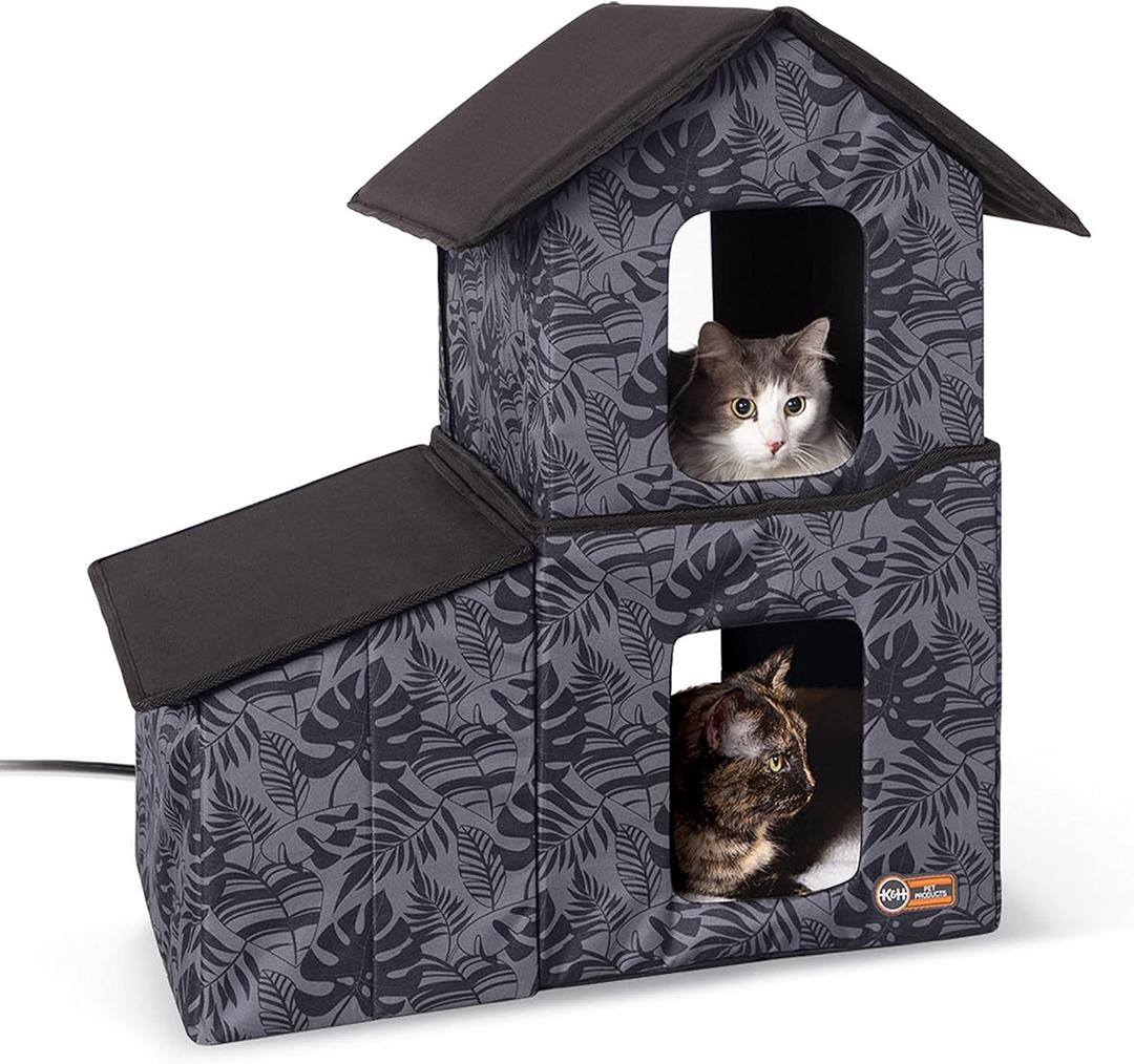K&H Pet Products Two-Story Outdoor Kitty House with Dining Room Heated Gray Leaf 22 X 27 X 27 Inches