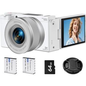 5K Digital Camera for Photography, 72MP Autofocus Vlogging Camera with 6X Optical Zoom, 2.8" 180 Flip Screen Video Camera for YouTube with Anti-Shake, 64GB SD Card, 2 Batteries, White