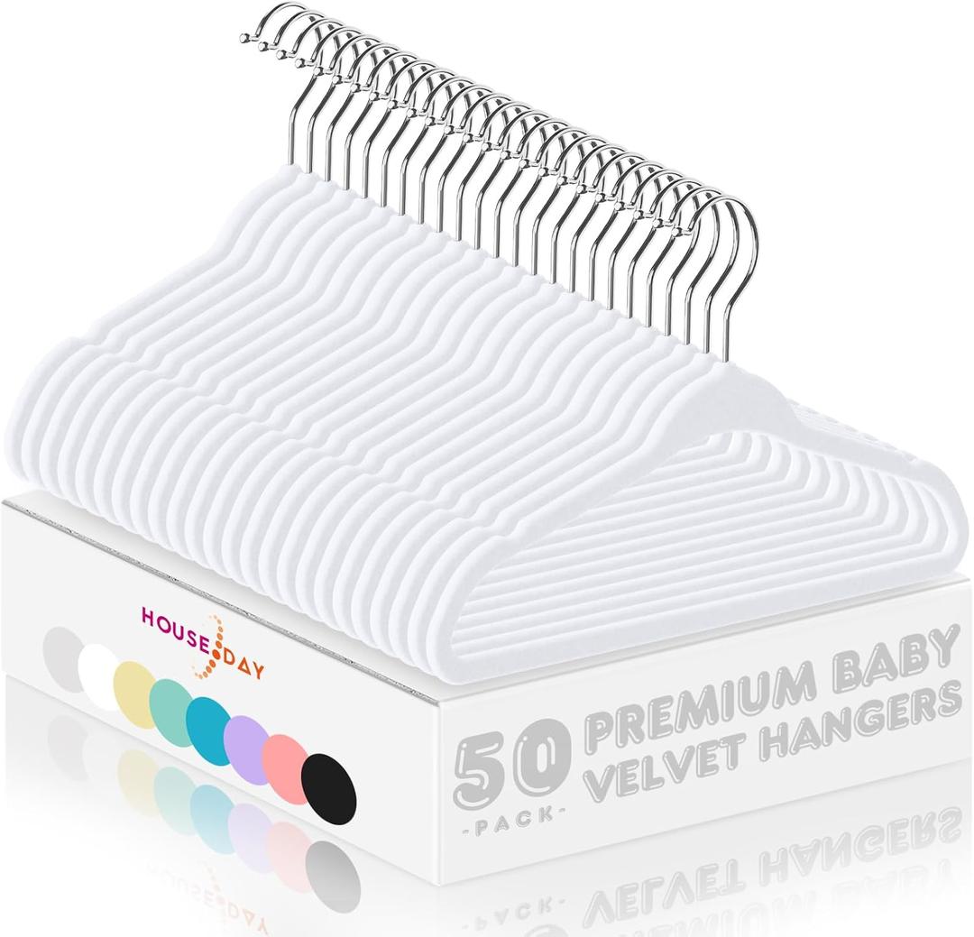 HOUSE DAY 11 Inch Velvet Baby Hangers 50 Pack White, Premium Kids Hangers for Children, Infant & Toddler Clothes, Durable Non Slip Small Baby Felt Hanger for Closet, Ideal for Everyday Use