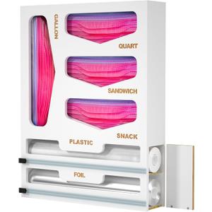 6 in 1 Bag Organizer and Wrap Dispenser with Magnetic Lid - Plastic Wrap Dispenser with Cutter for Kitchen Drawer, Storage for Gallon, Quart, Sandwich, Snack Bags, and Foil White