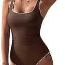 SUUKSESS Women Sexy One Piece Tummy Control Swimsuit Shell Stitched Bathing Suit (Large, Beige Brown)