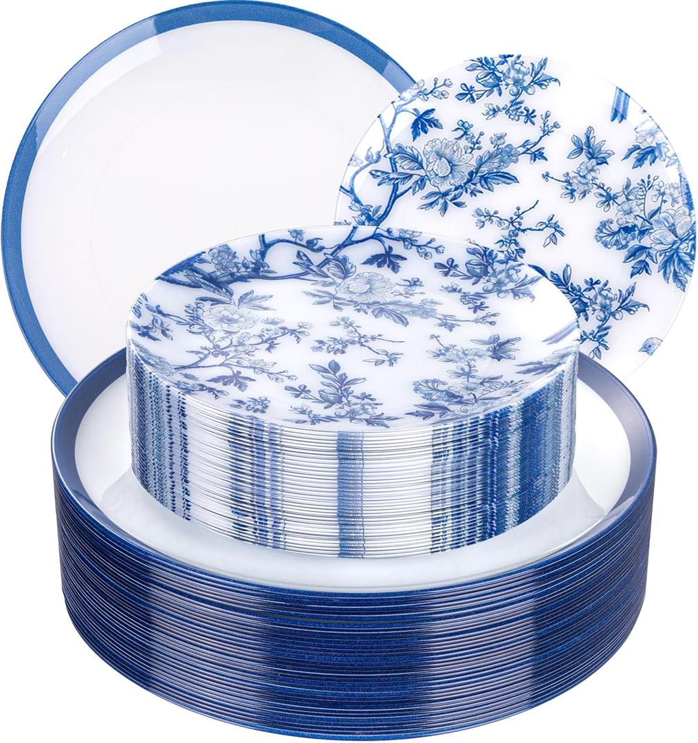EI 60pcs Blue Plastic Plates Disposable Heavy Duty White with Blue Floral,10.25inch Dinner Plate and 7.5inch Dessert Plate,Disposable Plastic Plates for Party,Birthday,Wedding(Value,More Heavy)