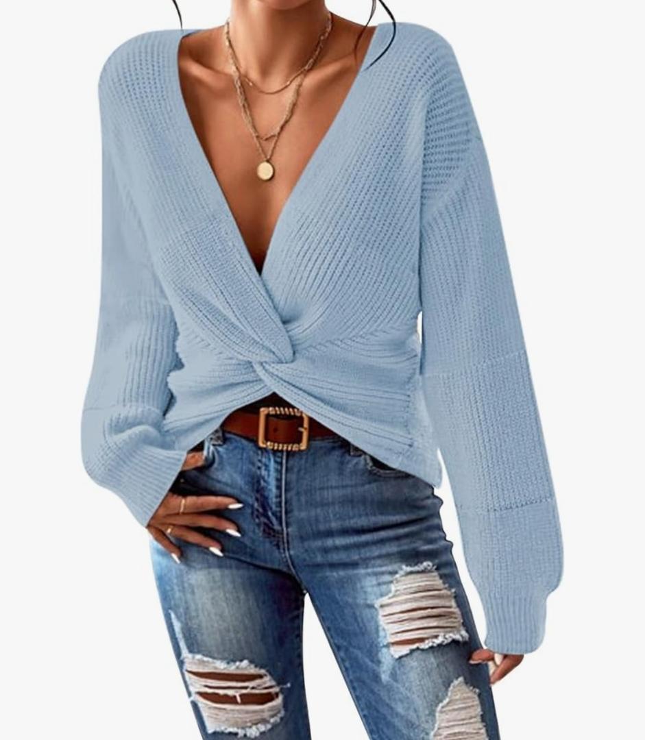 Pink Queen Women's 2025 Casual Pullover Sweaters Sexy V Neck Long Sleeve Twist Knot Cropped Knit Sweater Tops,  S