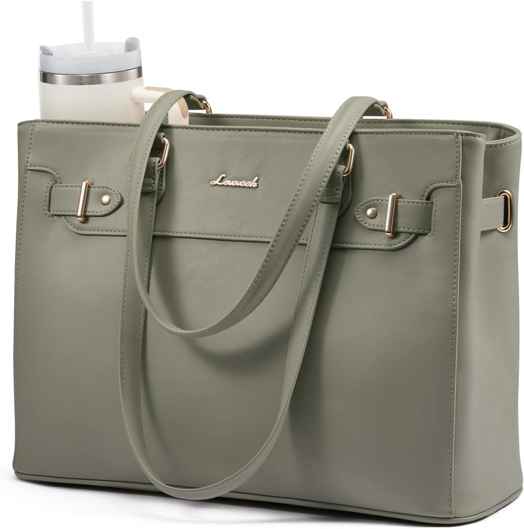 LOVEVOOK Laptop Tote Bag for Women Work, Teacher Tote Bag with Large Cup Holder, 15.6 Inch Waterproof Leather Computer Bag (Green)