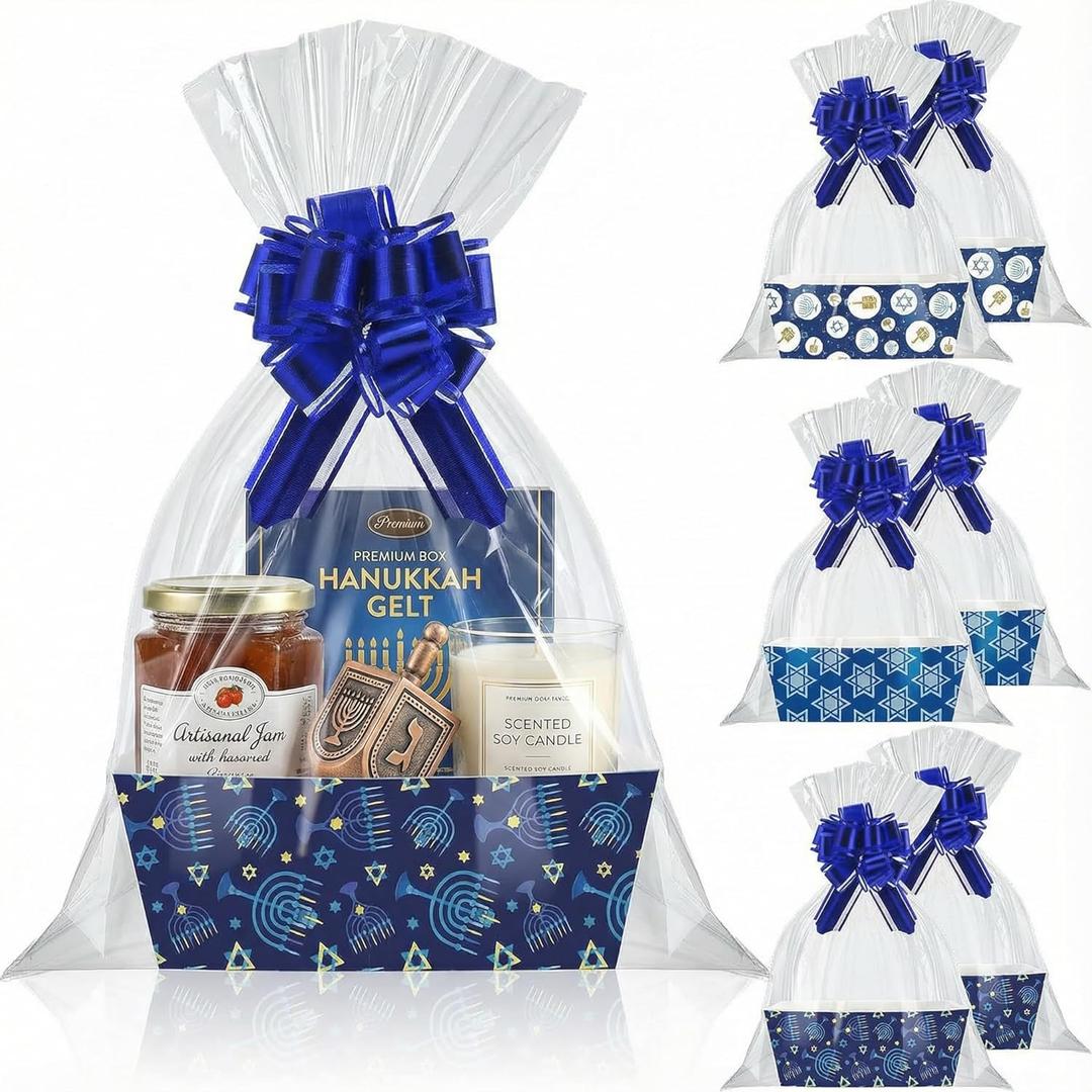 Marspark 18 Pcs 6 Set Hanukkah Bags for Gifts 8x10'' Chanukah Gift Menorahs Star Basket Boxes Empty to Fill with Gifts Blue Pull Bows Cellophane Wrapping Supplies for Hanukkah Party Favor Decorating