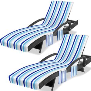 Lounge Chair Towel Cover, Chaise Lounge Covers (Pack of 2), Striped Lounge Chair Towels with Fitted Top Pocket for Pool, Beach,Vacation Travel, 85 x 30 in, Striped Blue White Black
