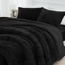 HCORA Faux Fur Comforter Set with Fitted Sheet - Luxury Ultra Soft Fluffy Fuzzy Queen Comforter Set, Cozy Warm Plush Bedding Comforter for Winter, 4 Pcs(1 Comforter +1 Fitted Sheet + 2 Pillowcases), Black