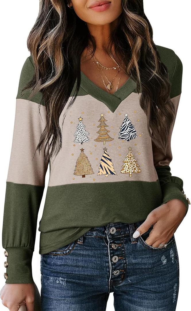 Dokotoo Long Sleeve Shirts for Women Fall Outfits V Neck Shirts Button Tunic Tops Fashion Winter Clothing (Green, XL)