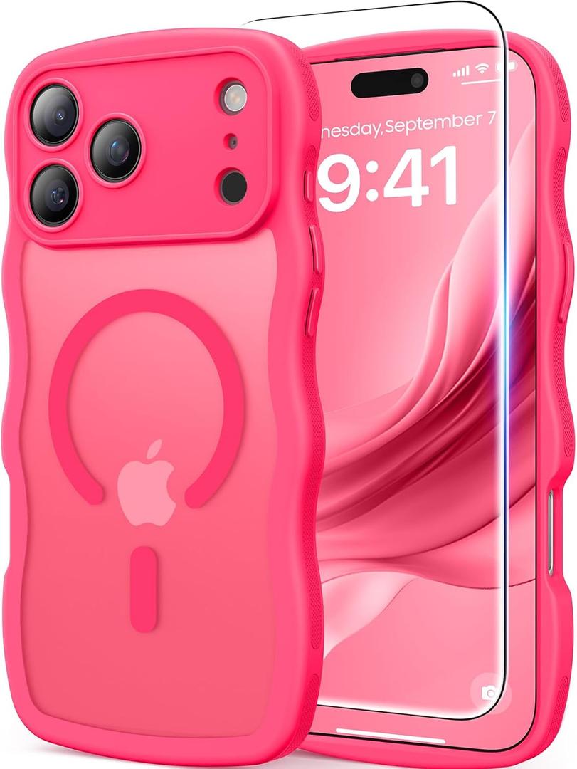 DOMAVER for iPhone 17 Pro Case for Women, 1X Screen Protector+1X Wrist Strap, [Compatible with MagSafe] [Full Camera Protection] Cute Wave Frame Matte Phone Case for iPhone 17 Pro 6.3", Hot Pink