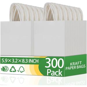 OEMVALATY 300Pcs 5.9x3.2x8.3 Inch Small White Paper Bags with Handles Bulk Gift Wrap Bags Kraft Paper Gift Bags for Birthday Party Favors Grocery Retail Business Shopping Merchandise Goody Craft Bags