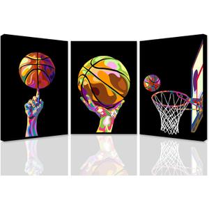 TBKHUDBI Basketball Canvas Wall Art Sports Colorful Posters Prints Set of 3 Teen Boys Room Decor Player Men Ball Pictures Painting Basketball Room Decor for Playroom Bedroom Gaming Room 16x24 Unframed