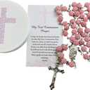 Westmon Works First Communion Rosary Set for Girls with Pink Rose Shaped Bead Case and Holy Card