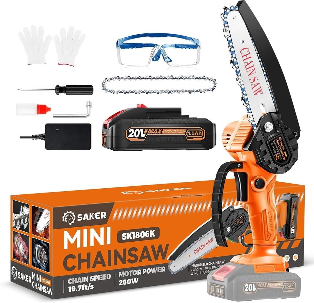 Saker Mini Chainsaw|6 Inch Chainsaws[2025 Upgraded]|Mini Cordless Electric Chain Saw|Small Handheld Portable Chain Saws Battery Powered Saws for Tree Trimmer and Garden,Christmas Gifts SK1806L-01