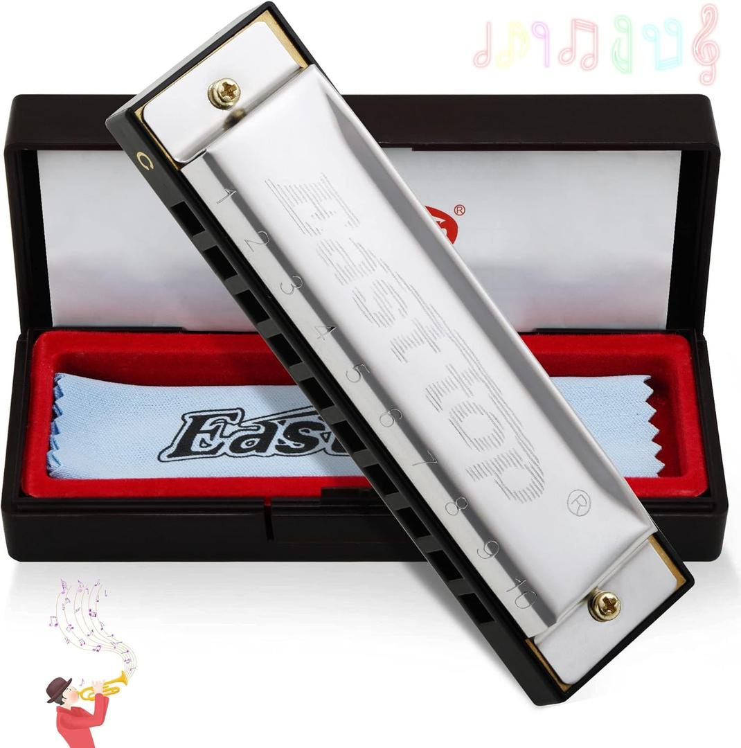 East top Harmonica, C Key Blues Harmonica for Beginners and Adults, Kids and Teenagers,10 Holes Mouth Organ Blues Harp For Students as Gift (silver)