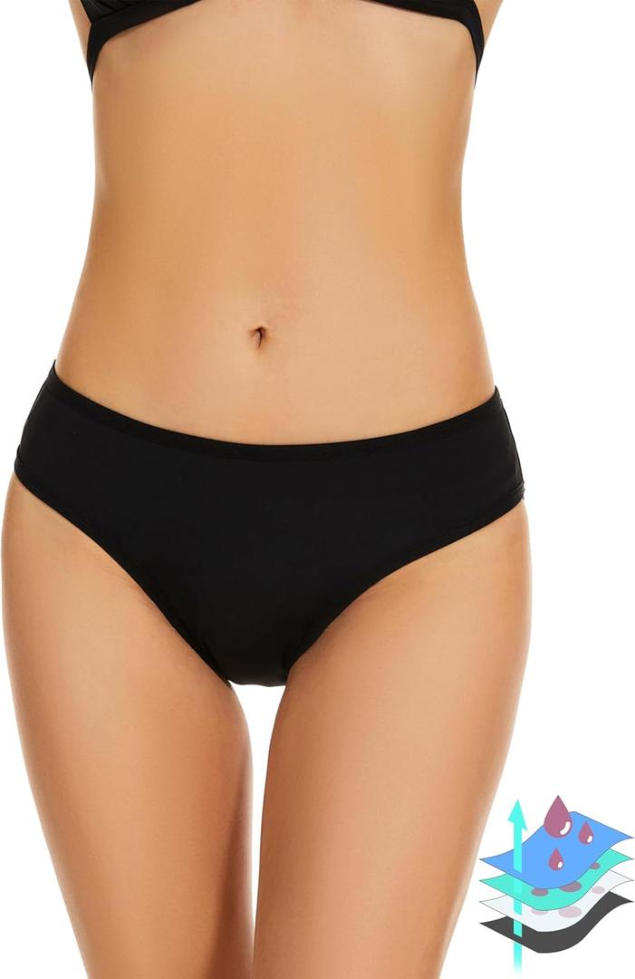 Period Swimwear Leakproof Menstrual Bikini Waterproof Bottom UPF 50+ Swim Brief Light Flow - Teens Girls Women (Black, XS)