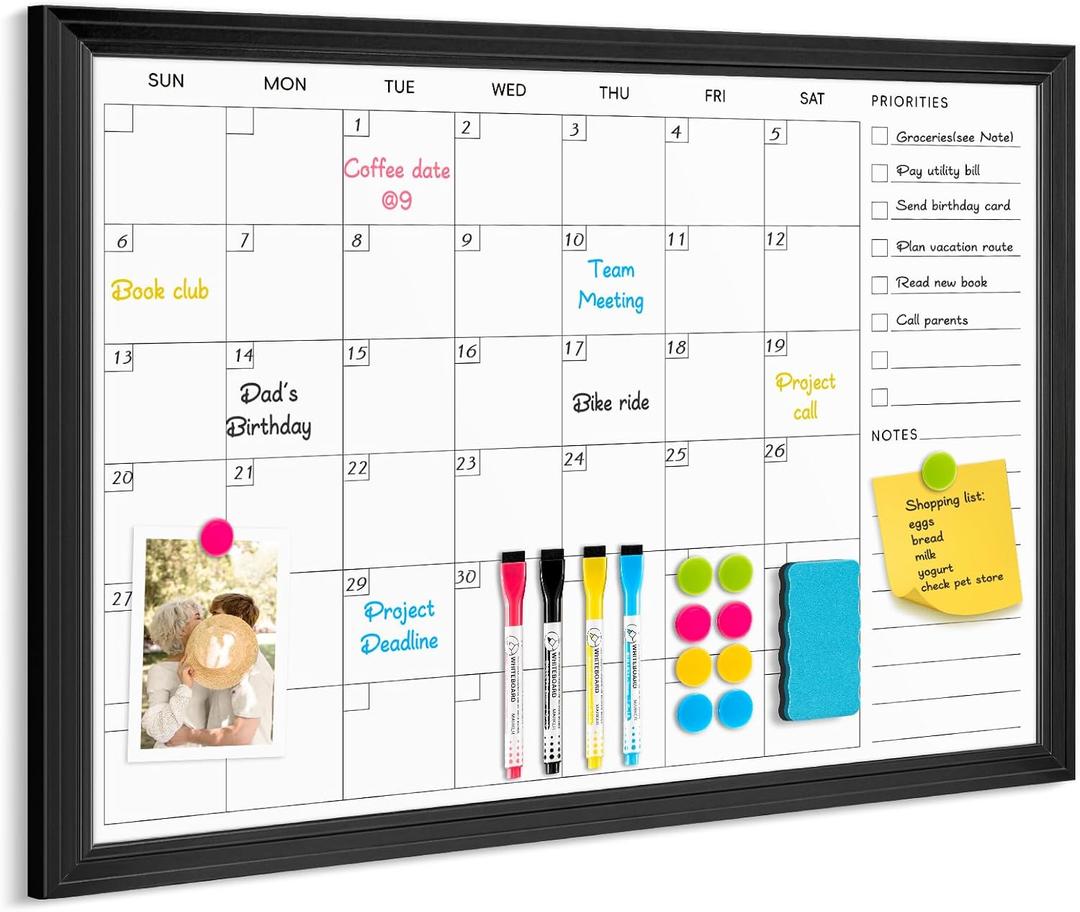 DOLLAR BOSS Magnetic WhiteBoard Calendar, 36x24 in, Dry Erase Board, Black