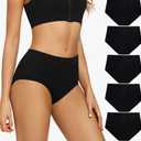 POKARLA Women's Cotton Stretch Underwear Ladies Mid-high Waisted Briefs Panties 5-Pack Black S
