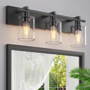 Bathroom Vanity Light,3 Light Matte Black Light Fixture with Thickened Clear Glass Shade, 21 inch Modern Wall Sconce, Bathrooms Vanity Light Over Mirror for Bathroom