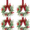 11.8" Christmas Mini Wreath for Cabinet, Artificial Snowy Cedar Garland with Plaid Ribbon, Small Xmas Hanging Wreath for Kitchen Cabinets, Windows, Doors, Farmhouse Holiday Decor(with Snow)