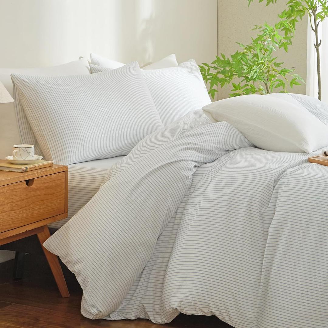 Striped Duvet Cover Set Queen Size 3 Pcs Breathable Durable 100% Washed Cotton Comforter Cover for All Seasons Chic Linen Like Textured Bedding Set (White Light Blue Pinstripes, Queen)