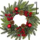 22 Inch Christmas Wreaths for Front Door with Hanger Red Ball Ornaments Berries Pine Cones Xmas Winter Wreath for Home Wall Window Porch Thanksgiving Holiday Indoor Outdoor Decor