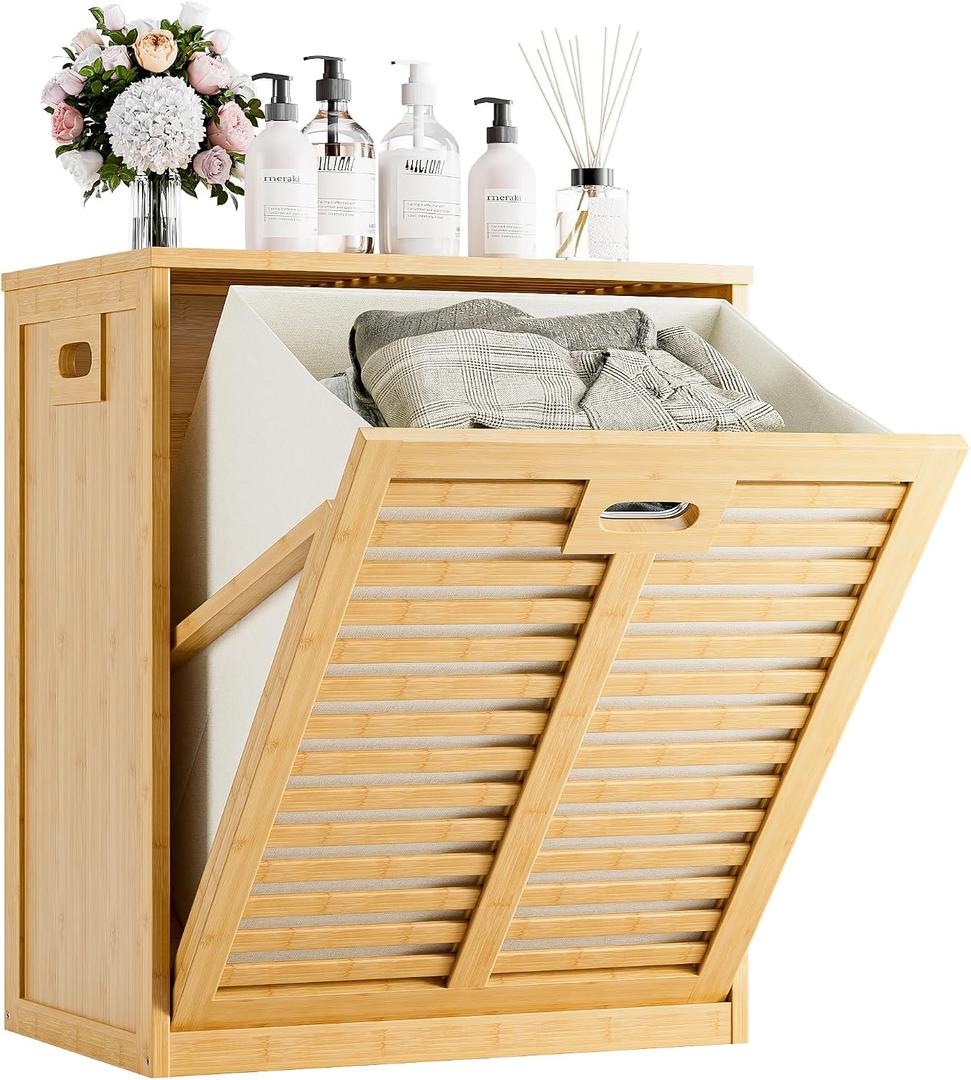HITNET Tilt Out Laundry Hamper, Bamboo Laundry Cabinet with Hidden Removable Basket, Freestanding Clothes Storage organizer for Bedroom, Bathroom, Living Room, Natural, 21.26" L 13.78" W 25.2" H