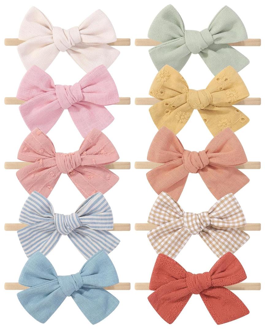 doboi 10PCS Baby Girls Headbands Hair Bows Nylon Cotton Linen Hairbands Handmade Hair Accessories for Newborn Infant Toddlers Little Girl and Kids 3.5Inches