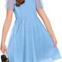 Arshiner Girls Dress Contrast Mesh Puffy Short Sleeve A Line Casual Party Dress, Size 8