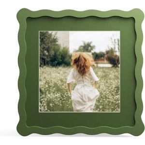 8x8 Picture Frame with Mat for 6x6, Wavy Edge Wooden Real Glass Photo Frame for Tabletop and Wall Hanging, Green, 1 Pack