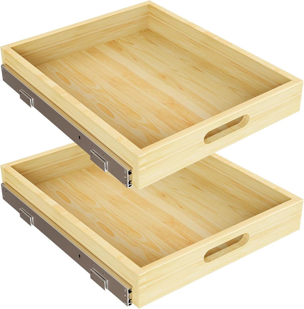 2 Set Pull Out Cabinet Organizer, Soft Close Slide Out Wood Drawer Storage Shelves for Kitchen, Base Cabinet Organization for Pantry, Finished, Heavy-Duty, Bottom Assembly (15 W x 21 D)
