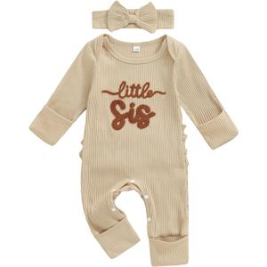 allshope Infant Baby Girl Fall Outfit Sweatshirt Romper Little Sister Lil Sis Long Sleeve Jumpsuit Newborn Clothes (Little Sis Beige, Newborn)