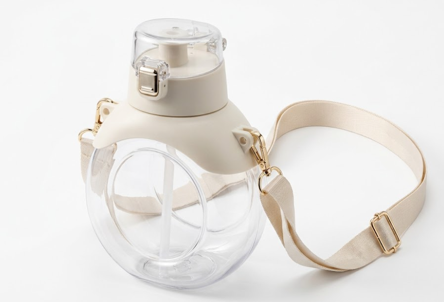 3pcs Goal Water Bottle with Handle, Water Bottle Round Shape Portable Drinking Bottle with Straw Strap for Summer (Beige)