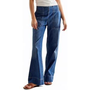 Womens Mid Rise Wide Leg Jeans Casual Baggy Pull-On Jeans Trendy Long Denim Pants with Pockets (Blue, S)