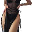 Jumppmile Women's Sheer Mesh Long Sleeve See Through Swimwear Bikini Cover Up Dress (Large, 3-black)